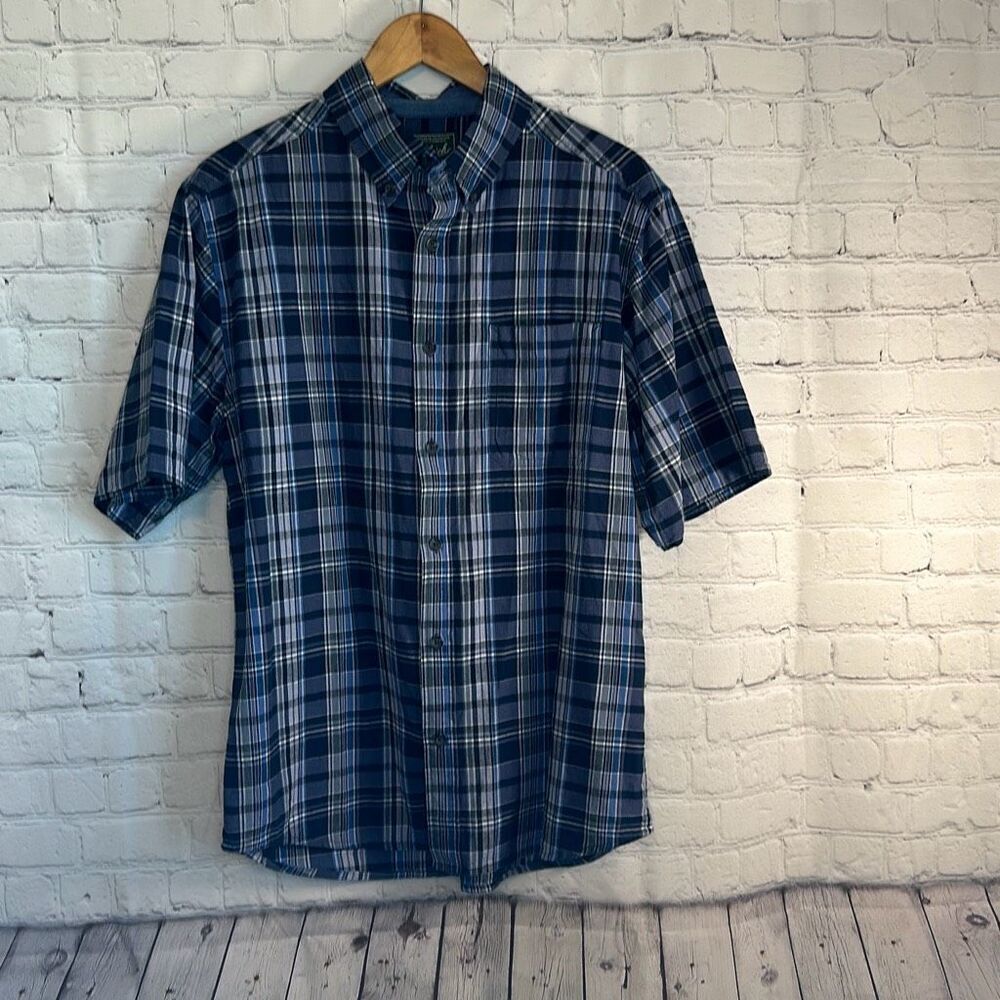 Woolrich Blue Plaid Button Down Short Sleeve size M Medium‎ Organic Cotton